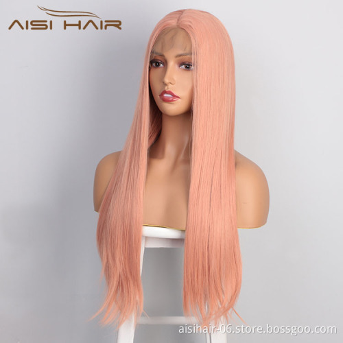 Aisi Hair Cosplay Long Silky Straight Pink Wig Natural Straight Swiss Lace Wig Middle Part Lace Frontal Wigs For Black Women